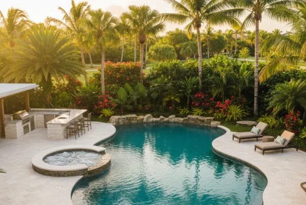 Custom pool and outdoor living area with tropical landscaping in Florida
