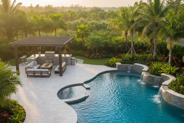 Custom pool and outdoor living area with tropical landscaping in Florida