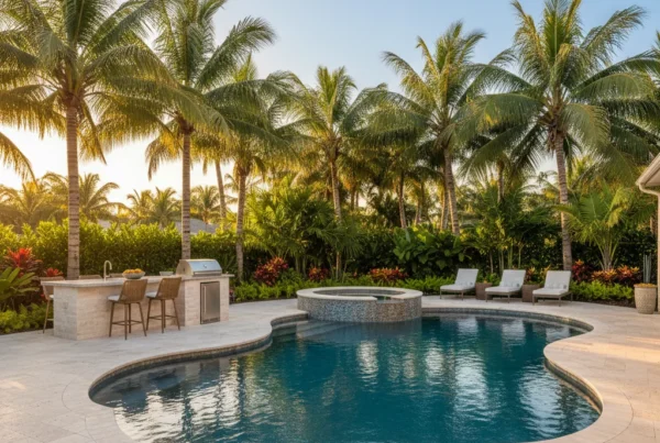 Custom pool and outdoor living area with tropical landscaping in Florida