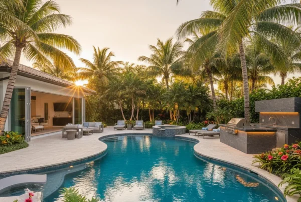 Custom pool and outdoor living area with tropical landscaping in Florida
