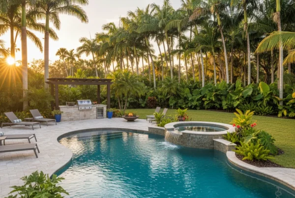 Custom pool and outdoor living area with tropical landscaping in Florida