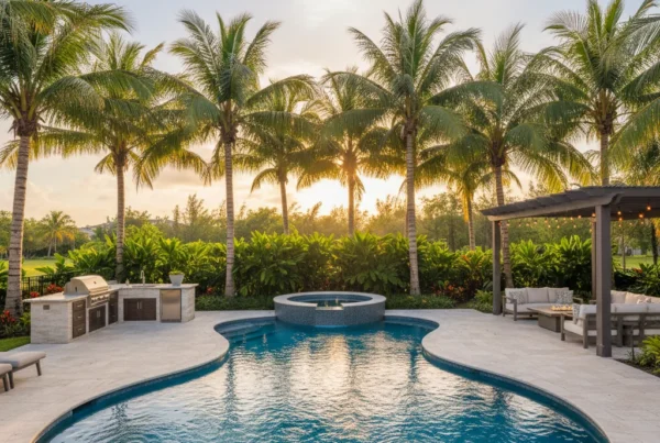 Custom pool and outdoor living space with tropical landscaping in Florida
