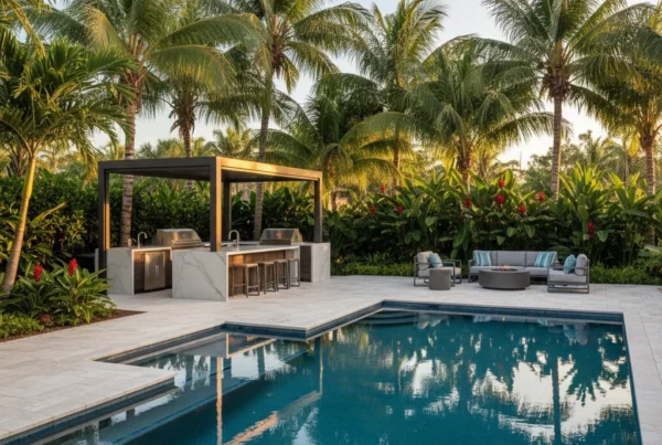Custom pool and outdoor living area with tropical landscaping in Florida