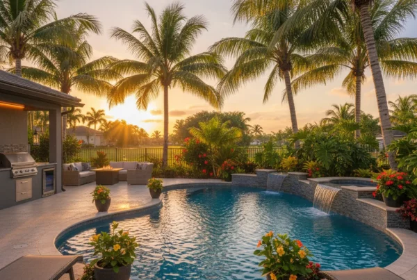 Custom pool and outdoor living area with tropical landscaping in Florida