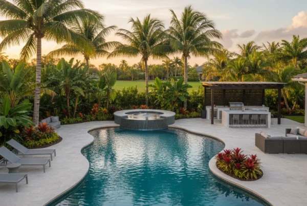 Custom pool and outdoor living area with tropical landscaping in Florida