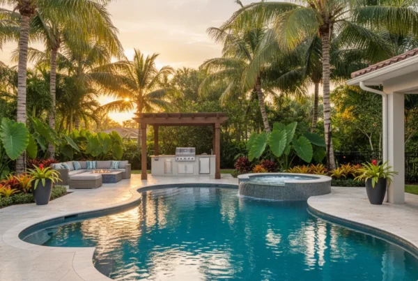 Custom pool and outdoor living area with tropical landscaping in Florida