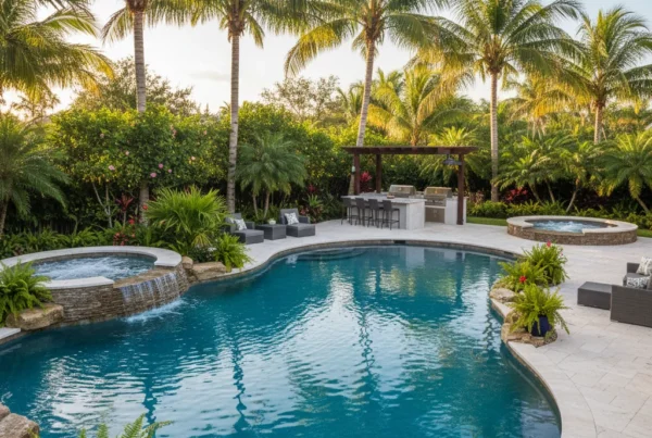 Custom pool with tropical landscaping and outdoor kitchen in Florida