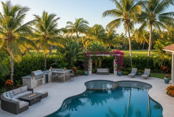 Custom pool and outdoor living area with tropical landscaping in Florida