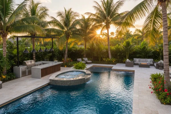 Custom pool and outdoor living area with tropical landscaping in Florida