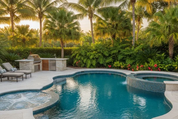 Custom pool and outdoor living area with tropical landscaping in Florida