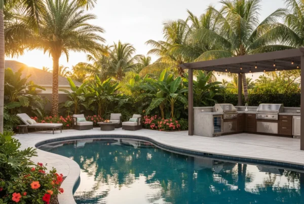 Custom pool and outdoor living area with tropical landscaping in Florida