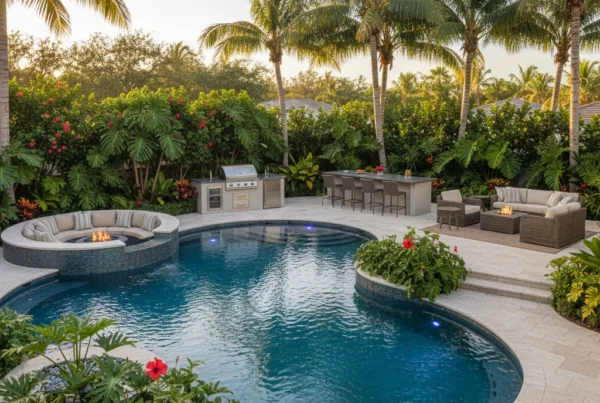 Custom pool and outdoor living area with tropical landscaping in Florida