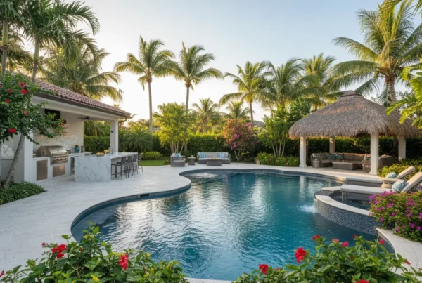 Custom pool and outdoor living area with tropical landscaping in Florida