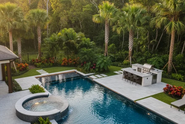 Custom saltwater pool with spa and outdoor kitchen in Volusia County Florida