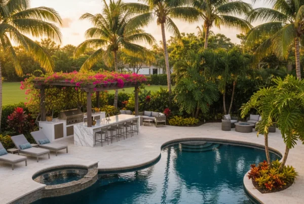 Florida backyard with custom pool, palm trees, and outdoor kitchen at golden hour
