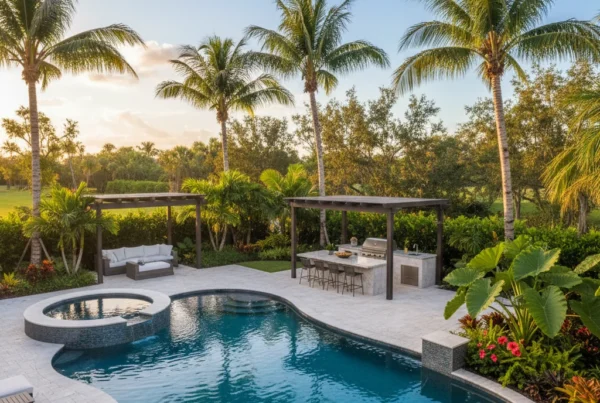 Custom pool and outdoor living area with tropical landscaping in Florida