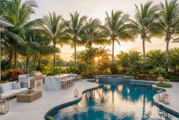 Custom pool and outdoor living area with tropical landscaping in Florida