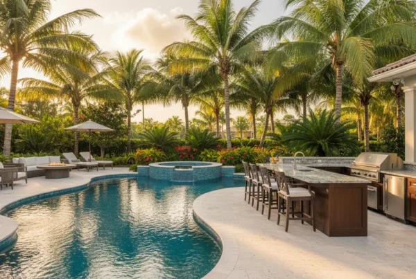 Custom pool and outdoor living area with tropical landscaping in Florida