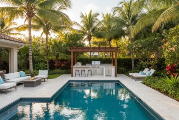 Custom pool and outdoor living area with tropical landscaping in Florida