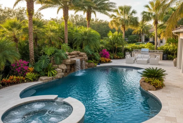Custom saltwater pool and spa with tropical landscaping in Central Florida