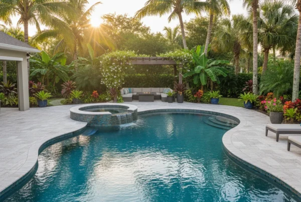 Custom pool with tropical landscaping and palm trees in Central Florida