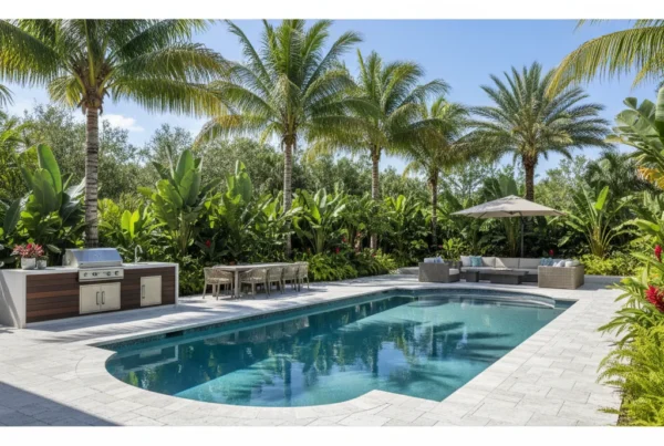 Custom pool with tropical landscaping and outdoor kitchen in Central Florida