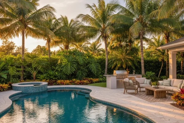 Custom pool and outdoor living area with tropical landscaping in Florida