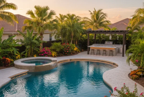 Custom pool and outdoor living area with tropical landscaping in Florida