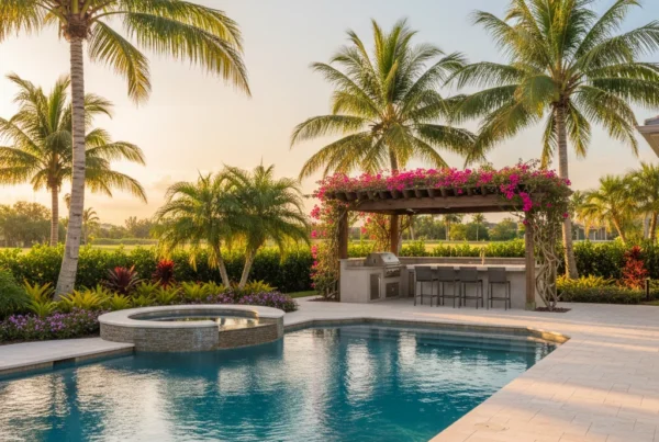 Custom pool and outdoor living area with tropical landscaping in Florida
