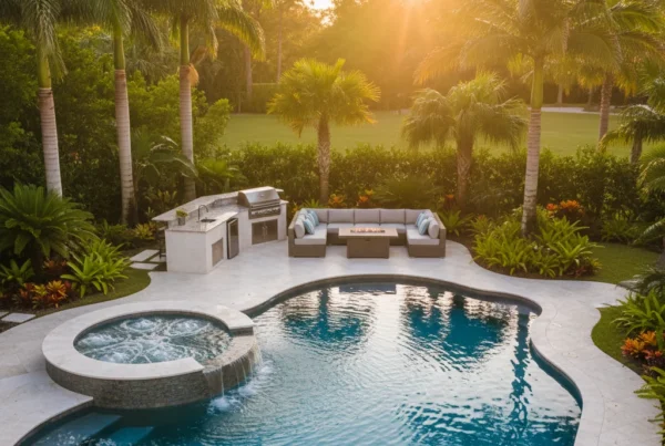 Custom pool and outdoor living area with tropical landscaping in Florida