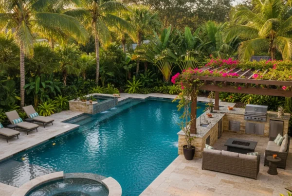 Custom spa and pool with tropical landscaping in Brevard County FL