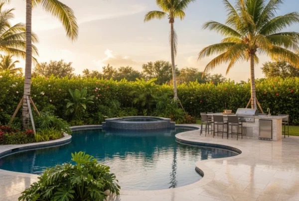 Custom pool and outdoor living area with tropical landscaping in Florida