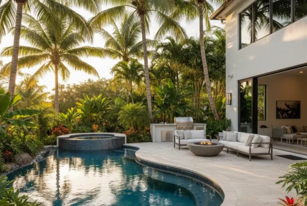 Custom pool and outdoor living area with tropical landscaping in Florida