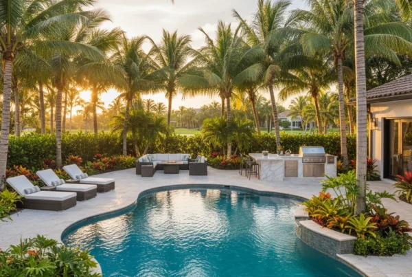 Custom pool and outdoor living area with tropical landscaping in Florida