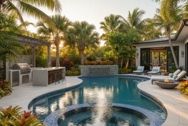 Custom pool and outdoor living area with tropical landscaping in Florida