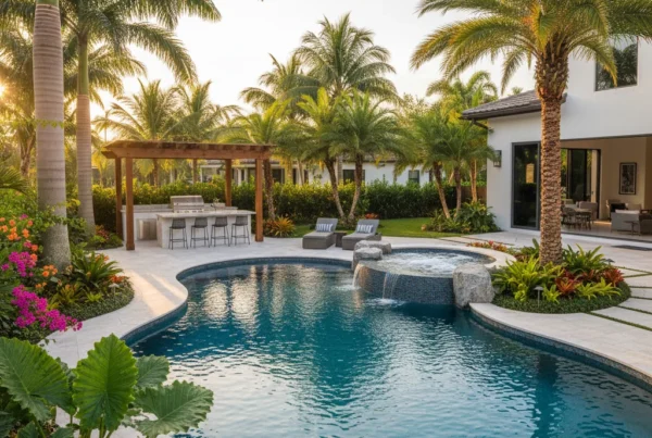 Custom pool and outdoor living area with tropical landscaping in Florida