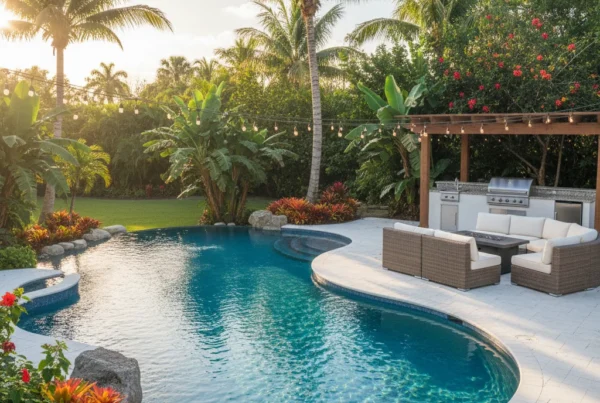 Custom pool and outdoor living area with tropical landscaping in Florida