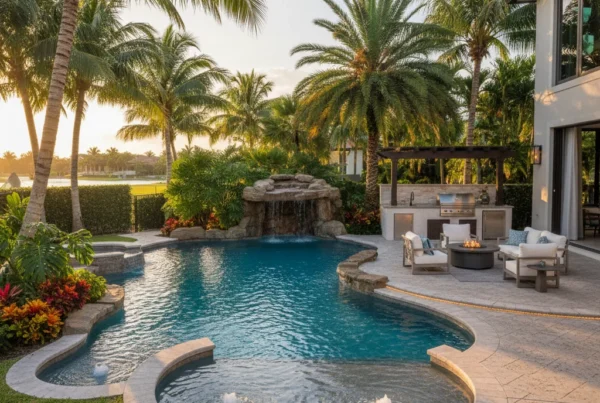 Custom pool and outdoor living area with tropical landscaping in Florida