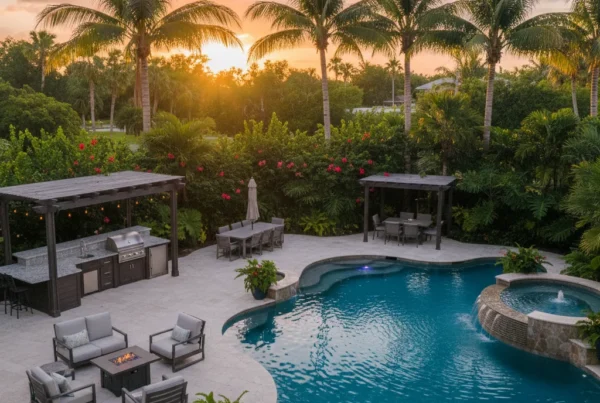 Custom pool and outdoor living area with tropical landscaping in Florida