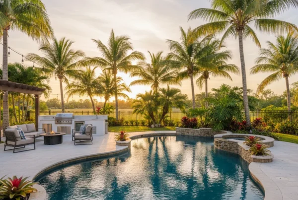 Custom pool and outdoor living area with tropical landscaping in Florida