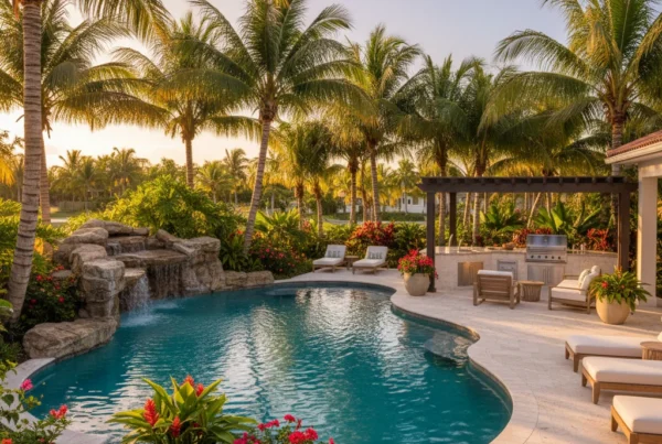 Custom pool and outdoor living area with tropical landscaping in Florida