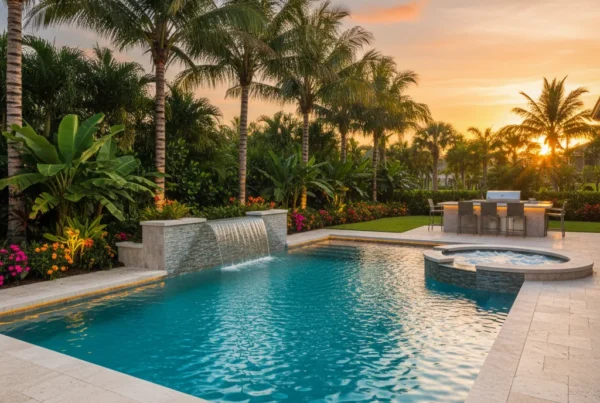 Custom pool and outdoor living area with tropical landscaping in Florida