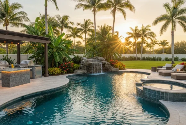 Custom pool and outdoor living area with tropical landscaping in Florida