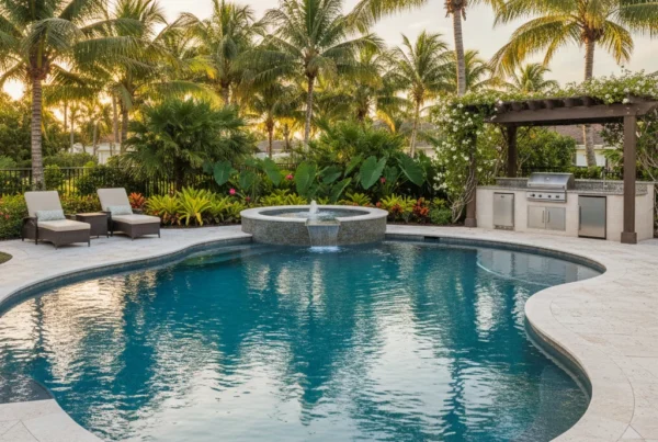 Custom pool and outdoor living area with tropical landscaping in Florida