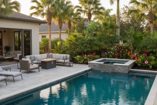 Custom spa and pool with tropical landscaping in Central Florida