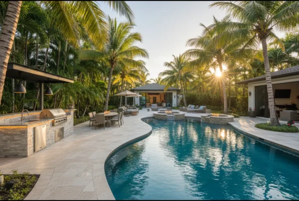 Custom pool and outdoor living area with tropical landscaping in Florida