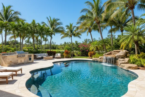 Custom pool and outdoor living area with tropical landscaping in Florida