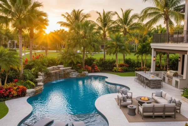 Custom pool and outdoor living area with tropical landscaping in Florida