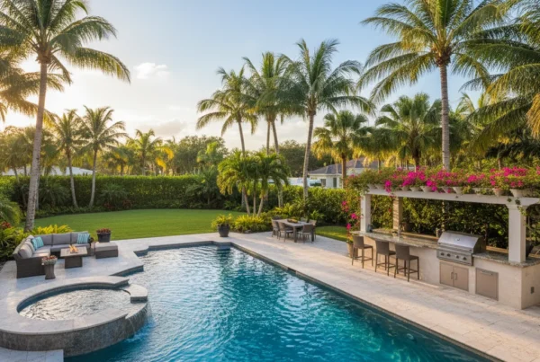 Custom pool and outdoor living area with tropical landscaping in Florida