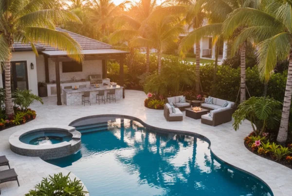 Custom pool and outdoor living area with tropical landscaping in Florida